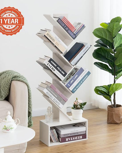 Yoobure Tree Bookshelf - 6 Shelf Retro Floor Standing Bookcase, Tall Wood Book Storage Rack for CDs/Movies/Books, Utility Book Organizer Shelves for Bedroom, Living Room, Home Office, White - LeafyLoom