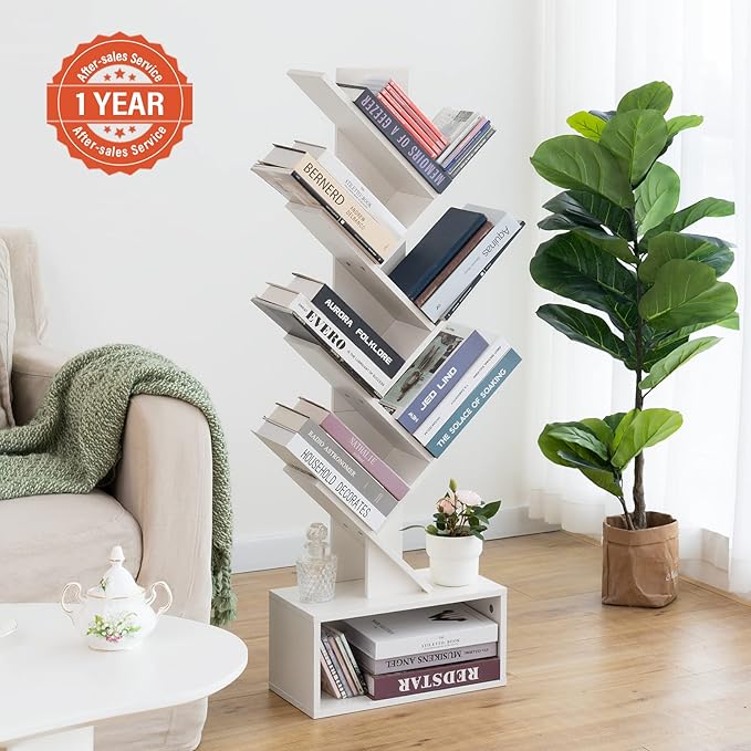 Yoobure Tree Bookshelf - 6 Shelf Retro Floor Standing Bookcase, Tall Wood Book Storage Rack for CDs/Movies/Books, Utility Book Organizer Shelves for Bedroom, Living Room, Home Office, White - LeafyLoom