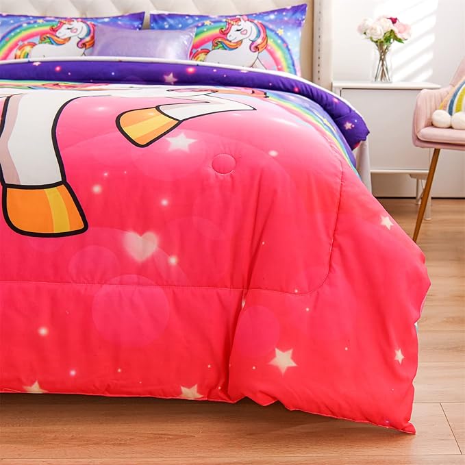 Aimuan Girls Unicorn Comforter Set 3 Pieces Pink Purple Bedding Set with Rainbow Star Galaxy Stars Fantasy Children Room Decor Soft Reversible Bed Sets for Boys/Girls/Teens (Pink-Purple Twin3Pcs) - LeafyLoom