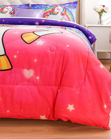 Aimuan Girls Unicorn Comforter Set 6 Pieces Pink Purple Bedding Set with Rainbow Star Galaxy Stars Fantasy Children Room Decor Soft Reversible Bed Sets for Boys/Girls/Teens (Pink-purple Twin6Pcs) - LeafyLoom