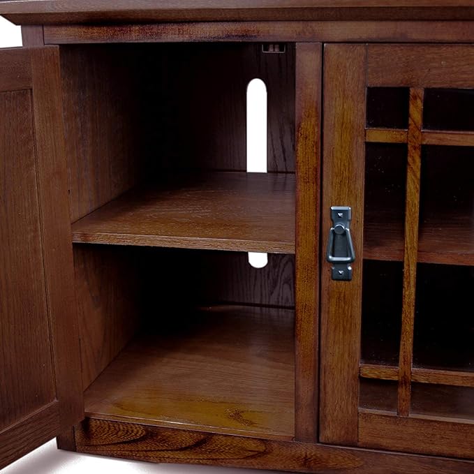 Leick Home 82350 Solid Wood Mission Oak Three Door TV Stand For 55" TVs Universal TV Console Living Room Storage Shelves Entertainment Center, Mission Oak - LeafyLoom