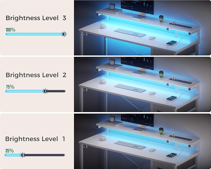 AODK Gaming Desk with LED Lights & Power Outlet, 48 Inch Computer Desk with Drawer, Reversible Desk with Adjustable Monitor Shelf & Headphone Hook for Home Office, White - LeafyLoom