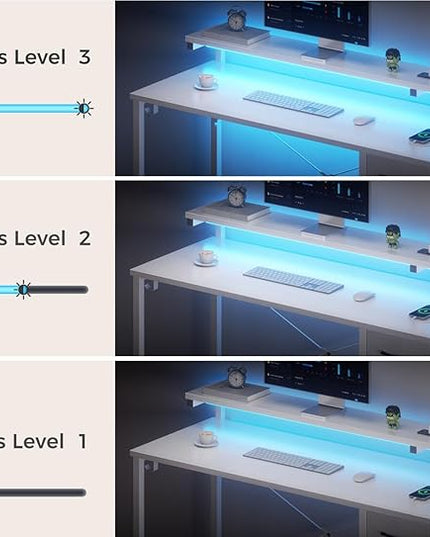 AODK Gaming Desk with LED Lights & Power Outlet, 55 Inch Computer Desk with Drawer, Reversible Desk with Adjustable Monitor Shelf & Headphone Hook for Home Office, White - LeafyLoom
