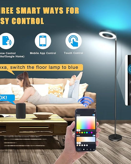 Smart Floor Lamp 42W 3700LM, Double-sided Super Bright Torchiere LED Floor Lamps Work with Alexa Google Home, 2700K-6500K Dimmable RGBCW Color Changing Tall Standing Light for Bedroom Living Room - LeafyLoom