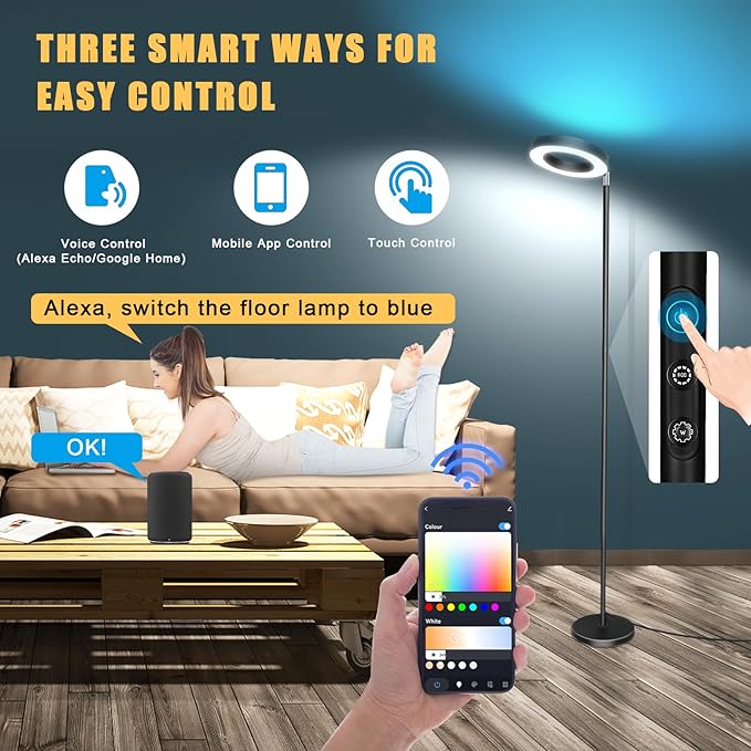 Smart Floor Lamp 42W 3700LM, Double-sided Super Bright Torchiere LED Floor Lamps Work with Alexa Google Home, 2700K-6500K Dimmable RGBCW Color Changing Tall Standing Light for Bedroom Living Room - LeafyLoom