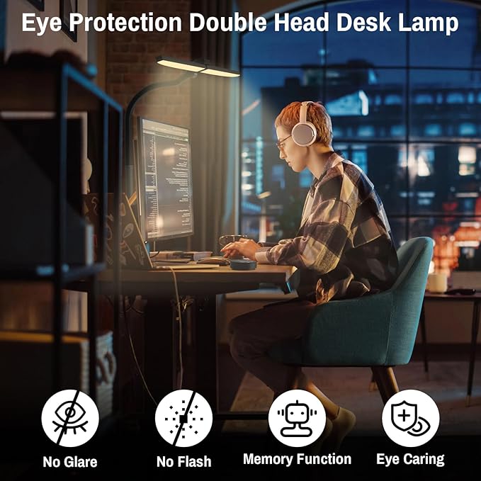 ERAY LED Desk Lamp for Home Office, Double Head RGB Desk Lamp with Remote, Bright Adjustable Gooseneck Desk Light, 24W & 5 Color Modes, Eye Protection Table Lamps for Game Reading Study(Black) - LeafyLoom