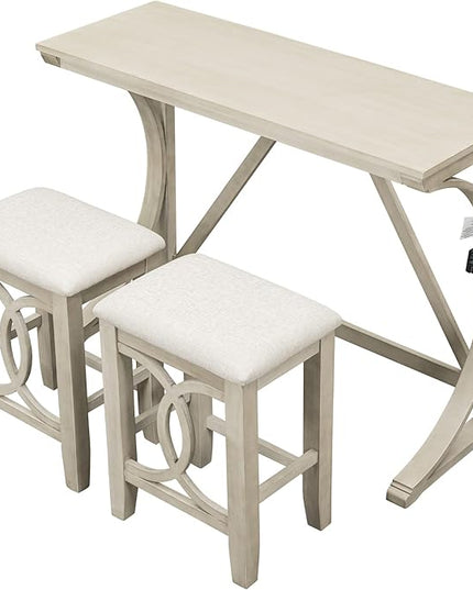 NicBex Kitchen Table for 2 Dining Table 3-Piece Counter Height Dining Table Set with USB Port and Upholstered Stools for Home, Kitchen, Dining Room, Wooden Frame, Cream - LeafyLoom