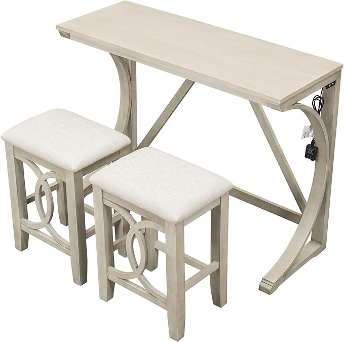 NicBex Kitchen Table for 2 Dining Table 3-Piece Counter Height Dining Table Set with USB Port and Upholstered Stools for Home, Kitchen, Dining Room, Wooden Frame, Cream - LeafyLoom