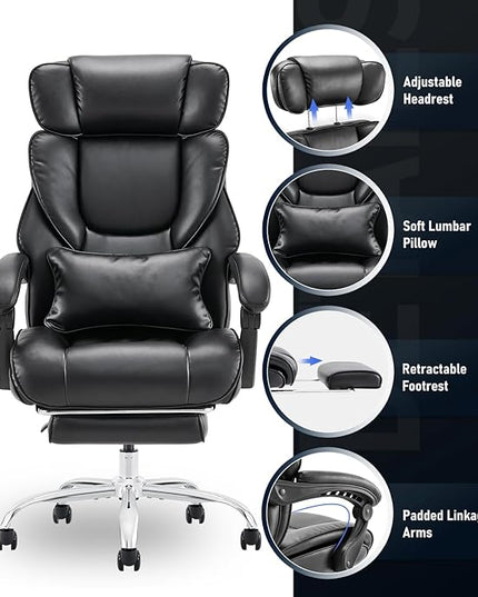 Executive Office Chair with Footrest, Ergonomic High Back Desk Chair, Computer Chair with Adjustable Headrest, Height, Tilt Lock, Extra Lumbar Support Pillow for Comfort, Large Home Office Chair-Black - LeafyLoom