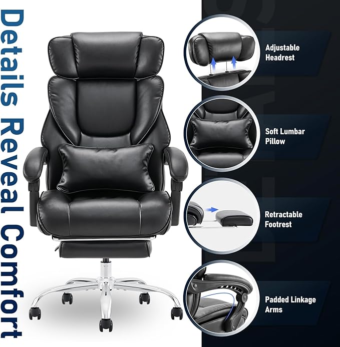 Executive Office Chair with Footrest, Ergonomic High Back Desk Chair, Computer Chair with Adjustable Headrest, Height, Tilt Lock, Extra Lumbar Support Pillow for Comfort, Large Home Office Chair-Black - LeafyLoom