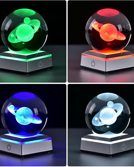 3D Crystal Ball Saturn Model, with Led Lamp Stand, 3.15'' Saturn Planets Glass Ball Decor, Engraved Crystal Sphere with Gift Box, 6 Color Light, Romantic Gifts for Kids Friends - LeafyLoom