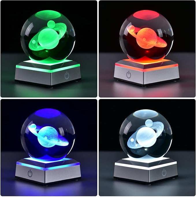 3D Crystal Ball Saturn Model, with Led Lamp Stand, 3.15'' Saturn Planets Glass Ball Decor, Engraved Crystal Sphere with Gift Box, 6 Color Light, Romantic Gifts for Kids Friends - LeafyLoom
