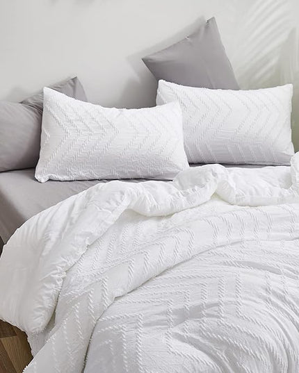 Wellboo White Tufted Jacquard Boho Comforter Set King Size White Bedding Set Shabby Chic All Season Bed Quilt Women Men White Farmhouse Embroidery Blanket Soft Adult Broken Line Wave Geometry Bed - LeafyLoom