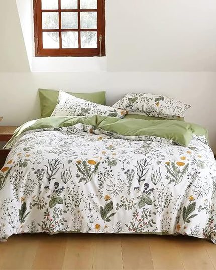 Botanical Comforter Set Cal King White and Sage Green Floral Plant Bedding Set Garden Pattern Printed on White Women Reversible Blanket 3 PCs Girls Breathable White Floral Bed Comforter Set - LeafyLoom