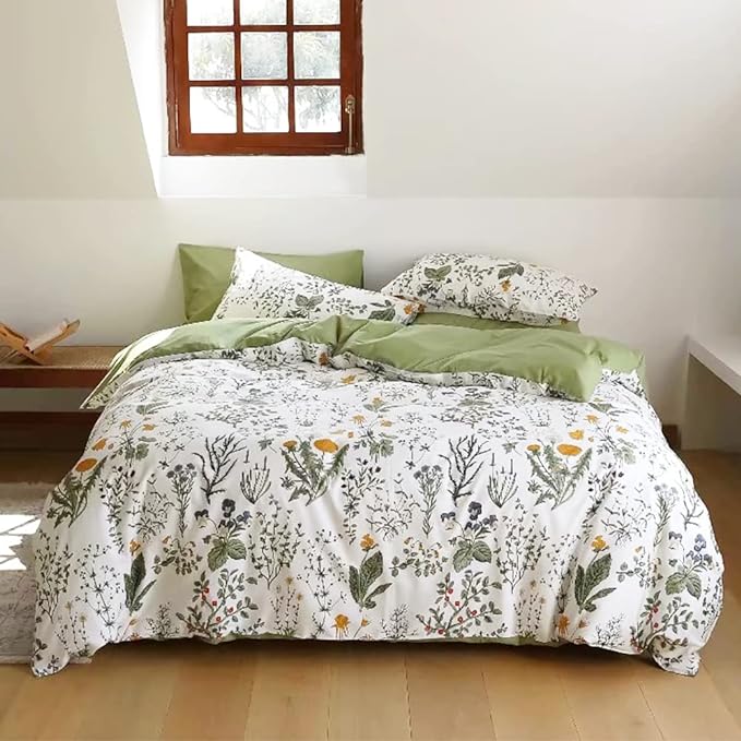Botanical Comforter Set Cal King White and Sage Green Floral Plant Bedding Set Garden Pattern Printed on White Women Reversible Blanket 3 PCs Girls Breathable White Floral Bed Comforter Set - LeafyLoom