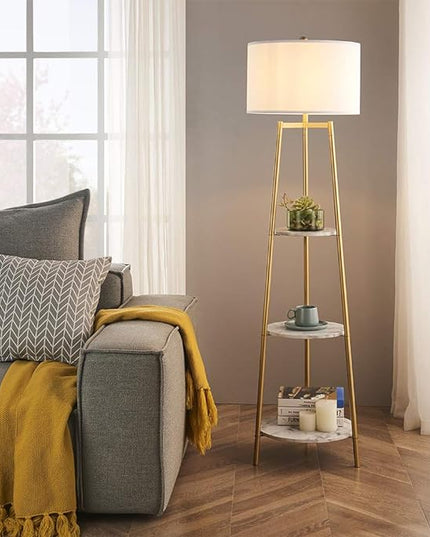 Floor Lamp, Standing Reading Light with Faux Marble Shelves and Fabric Shade, Modern Tall Pole, Accent Furniture Décor Lighting for Living Room, Bedrooms - LeafyLoom