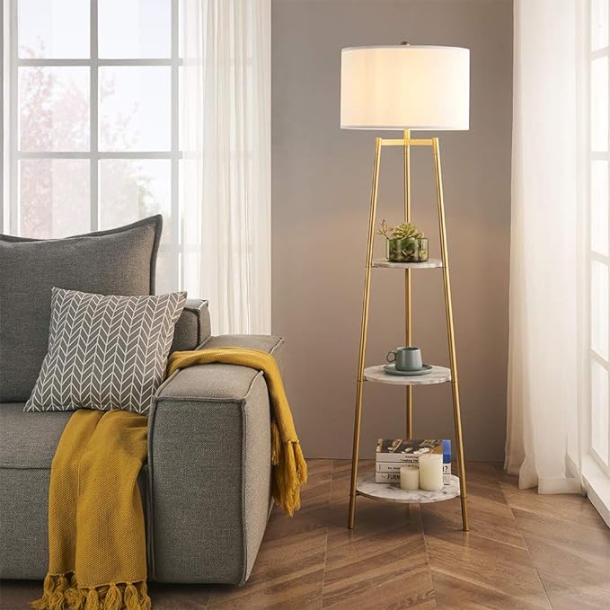 Floor Lamp, Standing Reading Light with Faux Marble Shelves and Fabric Shade, Modern Tall Pole, Accent Furniture Décor Lighting for Living Room, Bedrooms - LeafyLoom