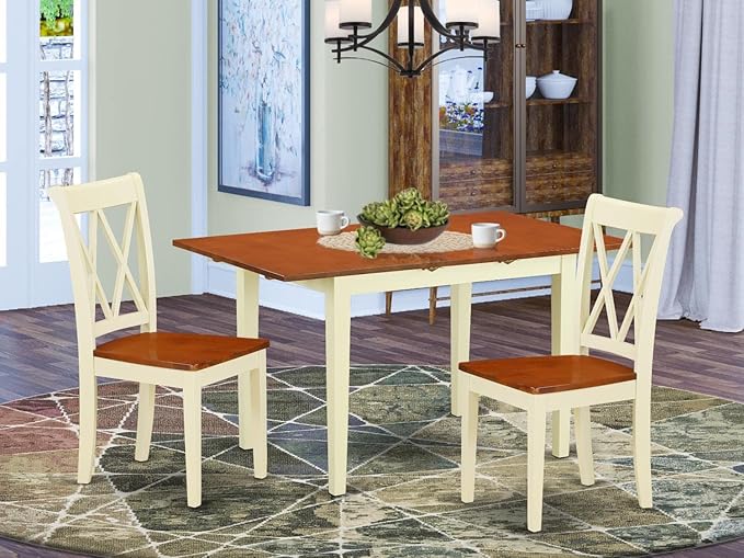 East West Furniture NOCL3-BMK-W 3 Piece Kitchen Table & Chairs Set Contains a Rectangle Dining Table with Butterfly Leaf and 2 Dining Room Chairs, 32x54 Inch, Buttermilk & Cherry - LeafyLoom