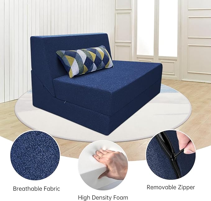 Folding Sleeper Chair Bed with Pillow Memory Foam Futon Sofa Couch Bed Lazy Chair for Living Room/Home Office/Apartment/Upstairs Loft，Washable Cover,Dark Blue - LeafyLoom