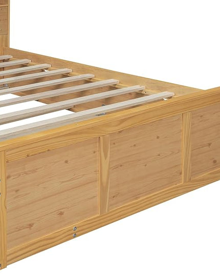 Full Size Wood Pltaform Trundle and 3 Drawers/Upper Shelves,Multifunctional Storage Bed Frame,W/a Set of USB Ports & Sockets,for Apartment,Bedroom,Living Room,Natural - LeafyLoom