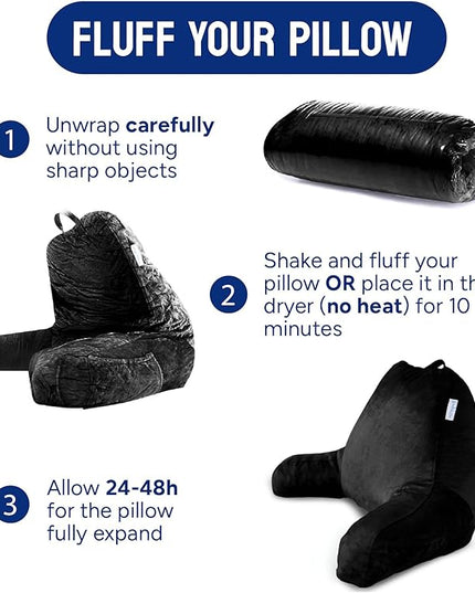 ComfortSpa Reading Pillow for Bed Adult Size, Back Rest Pillow with Arms, Pockets and Washable Cover; Use as Bed Pillows for Sitting Up in Bed for Bedrest or Relief from GERD Heartburn (Black) - LeafyLoom
