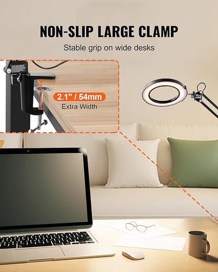 VEVOR Magnifying Glass with Light, 5X Magnifying Lamp, 4.3" Glass Lens, Desk Magnifier with Light, 64 LED Lights 5 Color Modes, with Clamp for Close Work, Reading, Repair Crafts - LeafyLoom