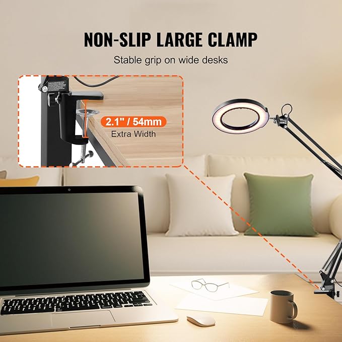 VEVOR Magnifying Glass with Light, 5X Magnifying Lamp, 4.3" Glass Lens, Desk Magnifier with Light, 64 LED Lights 5 Color Modes, with Clamp for Close Work, Reading, Repair Crafts - LeafyLoom