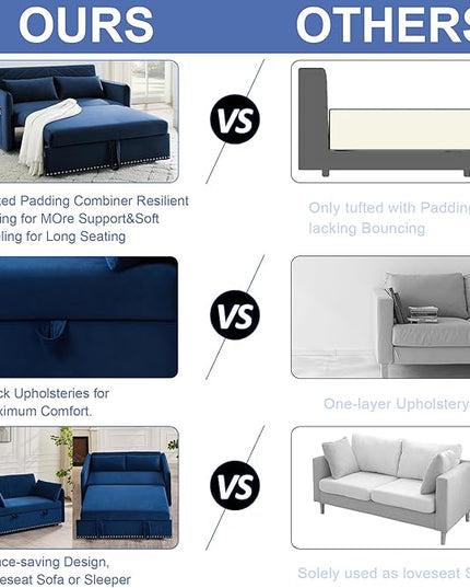 New Model 3-in-1 Sleeper USB Port Adjustable Velvet Convertible Sofa with Pull Out Bed, 2 Pillows & Side Pocket – Ideal for Living Room and Bedroom, Blue - LeafyLoom
