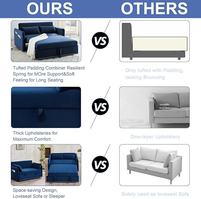 New Model 3-in-1 Sleeper USB Port Adjustable Velvet Convertible Sofa with Pull Out Bed, 2 Pillows & Side Pocket – Ideal for Living Room and Bedroom, Blue - LeafyLoom