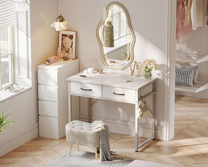 ODK Small Desk with Fabric Drawers- for Bedroom, White Vanity Desk with Storage, Home Office Computer Desk for Small Spaces, 32 Inch Modern Work Writing Study Table, White - LeafyLoom