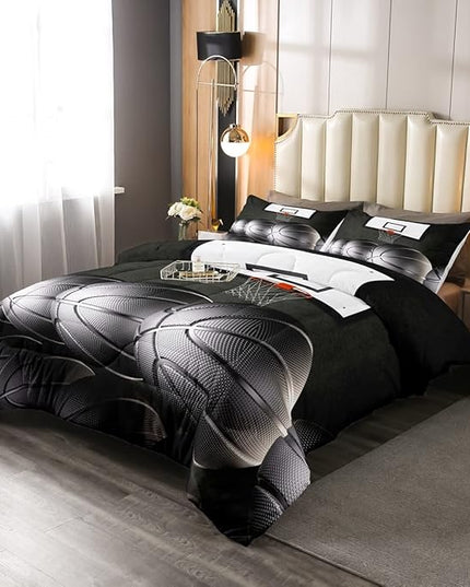 Erosebridal Boys Black Basketball Bedding Set King Kids Sports Comforter Set Teen Basketball Hoop Down Comforter Soft Lightweight Quilted Duvet 3 Pcs Basketball Lovers Bedroom Decor - LeafyLoom