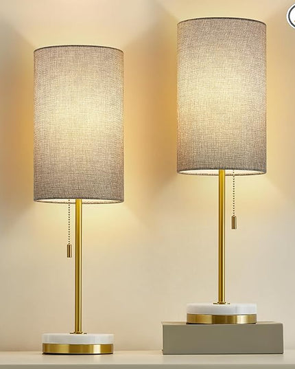 Luvkczc Minimalist Table Lamp Set of 2, Nightstand Lamp for Bedroom Living Room, Modern Pull Chain Bedside Lamp with Marble Base, Fabric Shade, Small Desk Lamp for Home, Office, Reading,Grey - LeafyLoom