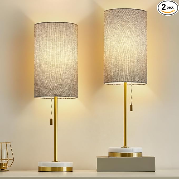 Luvkczc Minimalist Table Lamp Set of 2, Nightstand Lamp for Bedroom Living Room, Modern Pull Chain Bedside Lamp with Marble Base, Fabric Shade, Small Desk Lamp for Home, Office, Reading,Grey - LeafyLoom