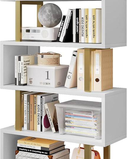 Bookshelf geometric bookcase S Shaped industrial bookshelf Storage Display Stand Shelf for Living Room Bedroom and office Room (White, 4 Tier) - LeafyLoom