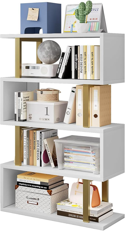 Bookshelf geometric bookcase S Shaped industrial bookshelf Storage Display Stand Shelf for Living Room Bedroom and office Room (White, 4 Tier) - LeafyLoom