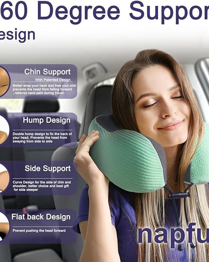 napfun Neck Pillow for Traveling, Upgraded Travel Neck Pillow for Airplane 100% Pure Memory Foam Travel Pillow for Flight Headrest Sleep, Portable Plane Accessories, Striped Turquoise - LeafyLoom
