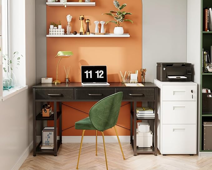 ODK Office Small Computer Desk: Home Table with Fabric Drawers & Storage Shelves, Modern Writing Desk, Black, 48"x16" - LeafyLoom