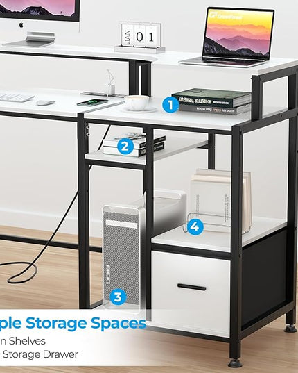 GreenForest 55 inch Computer Desk with Drawers and Outlets, Home Office Desk with Storage and Printer Shelf, Work Desk with Fabric File Drawer, Study Desk with Monitor Stand, Computer Table, White - LeafyLoom