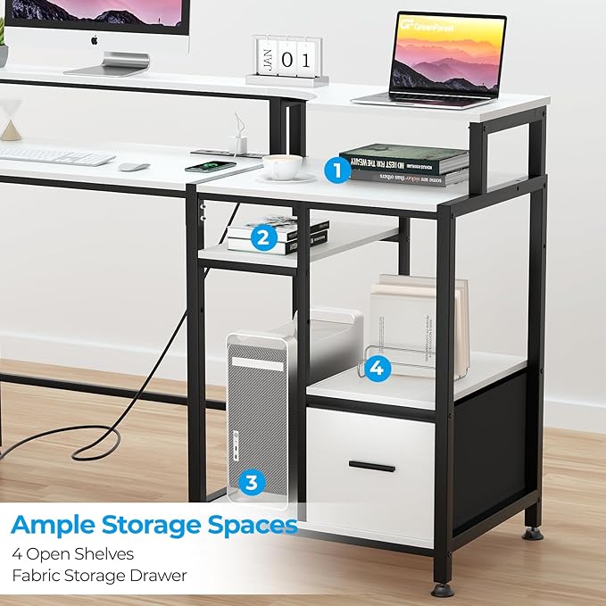GreenForest 55 inch Computer Desk with Drawers and Outlets, Home Office Desk with Storage and Printer Shelf, Work Desk with Fabric File Drawer, Study Desk with Monitor Stand, Computer Table, White - LeafyLoom