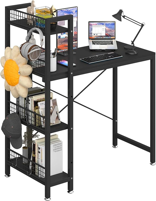 4NM 35" Small Computer Desk with 4-Tier Bookshelf and 8 Hooks, Home Office Desk Writing Workstation Study Table for Small Space Work - All Black - LeafyLoom