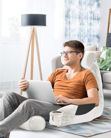 Clara Clark Reading Pillow, Large Back Pillow for Sitting Up in Bed, Memory Foam Back Support Pillow, Reading Pillows for Sitting in Bed Adult, White Sit Up Pillow for Bed Chair with Arms and Pockets - LeafyLoom