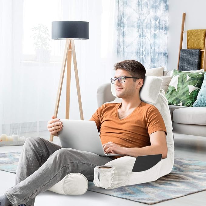 Clara Clark Reading Pillow, Large Back Pillow for Sitting Up in Bed, Memory Foam Back Support Pillow, Reading Pillows for Sitting in Bed Adult, White Sit Up Pillow for Bed Chair with Arms and Pockets - LeafyLoom