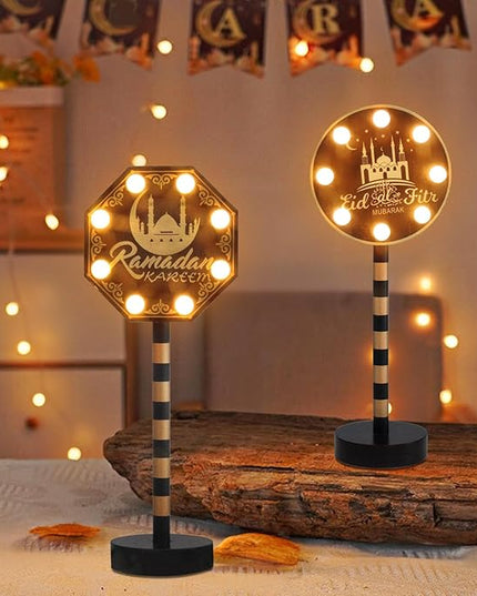 Vanthylit 2 Pack Ramadan Decorations for Home, Wooden Ramadan Mubarak Table Centerpiece Lights, Eid Mubarak Crafts Night Light Battery Powered Islamic Muslim Gifts for Party Desk Decor - LeafyLoom