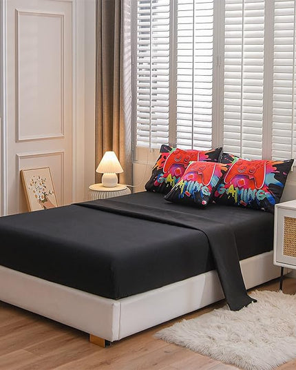 Aimuan Gamer Gaming Bedding Sets 3D Gamepad Comforter Sets for Boys Games Console Action Buttons Novelty Colorful Game Controller Modern Room Decor Home Quilt Set (Black, Twin 6PCS) - LeafyLoom