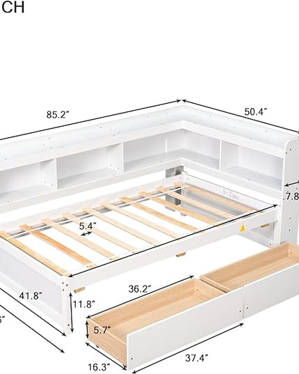 Twin Size Platform 2 Storage Drawers and L-Shaped Bookcases, Wooden Captain Bed Daybed Frame with Headboard for Bedroom, Living Room, White - LeafyLoom