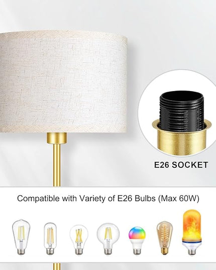 Gold Floor Lamps for Living Room, Bright Standing Lamp with 3 Color Temperatures(9W Bulb), Beige Linen Lampshade, Foot Switch, Simple Reading Floor Lamps Tall Lamps for Bedroom/Office/Den/Classroom - LeafyLoom