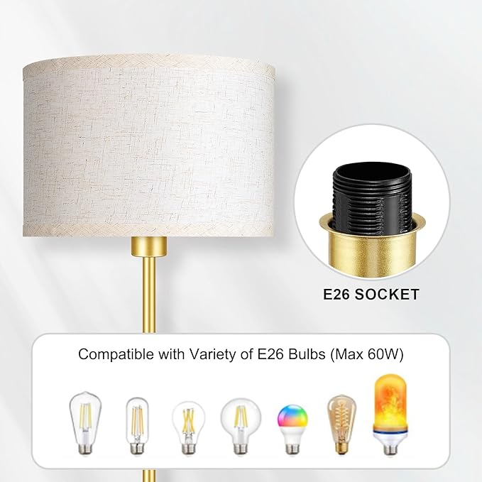 Gold Floor Lamps for Living Room, Bright Standing Lamp with 3 Color Temperatures(9W Bulb), Beige Linen Lampshade, Foot Switch, Simple Reading Floor Lamps Tall Lamps for Bedroom/Office/Den/Classroom - LeafyLoom