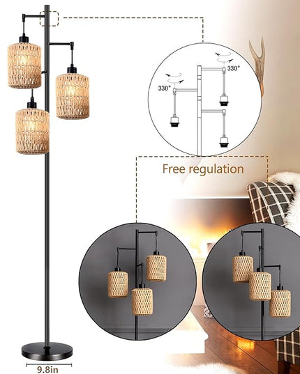 Floor Lamp for Living Room,Bedroom,3-Lights Boho Rattan Tree Floor Lights,Industrial Black Farmhouse Standing Lamp Wicker Rustic Tall Lamp,Woven Bamboo LampShade Floor Lamps Bohemian - LeafyLoom