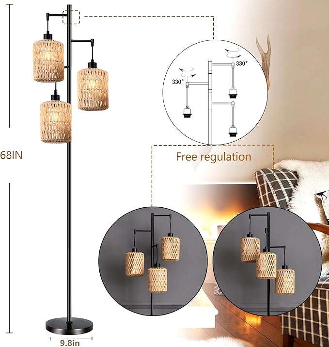 Floor Lamp for Living Room,Bedroom,3-Lights Boho Rattan Tree Floor Lights,Industrial Black Farmhouse Standing Lamp Wicker Rustic Tall Lamp,Woven Bamboo LampShade Floor Lamps Bohemian - LeafyLoom