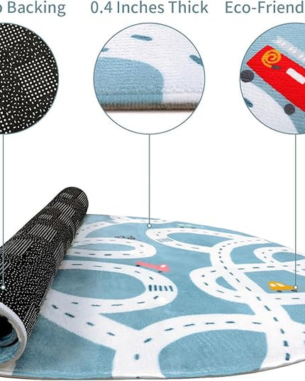 LIVEBOX Blue 3'x5' Non-Slip Kids Play Rug, Machine Washable Road Mat for Playroom, Toy Room Carpet with Cartoon Design for Boys and Girls - LeafyLoom